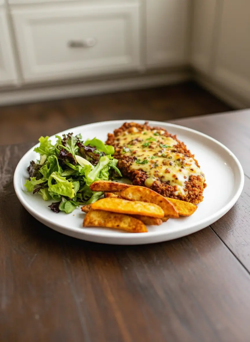 A 3:4 ratio image capturing the process of pressing a chicken cutlet into a dish of crushed pretzels, ensuring an even and thick coating. The chicken already has a light coating of flour and egg. The wooden cutting board is visible, and the scene is illuminated by natural morning light, creating warm tones.