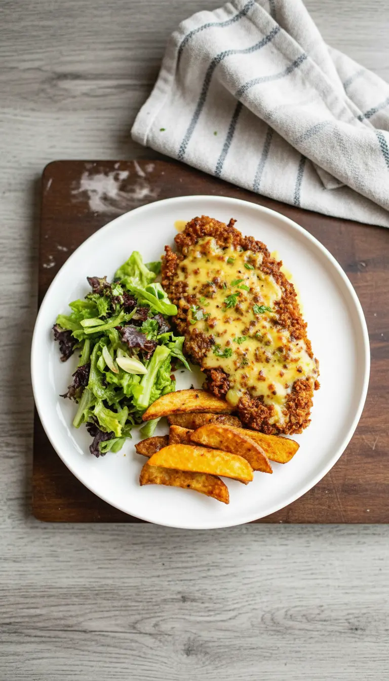 A 3:4 ratio close-up of a cooked Pretzel Crusted Chicken piece, showing its deep golden brown, textured pretzel crust and the creamy, melted yellow cheese sauce drizzled on top, garnished with fresh green chives. The chicken is on a minimalist white plate, with a hint of crispy potato wedges and fresh basil leaves from a side salad in the soft background. Natural morning light creates inviting warm tones.