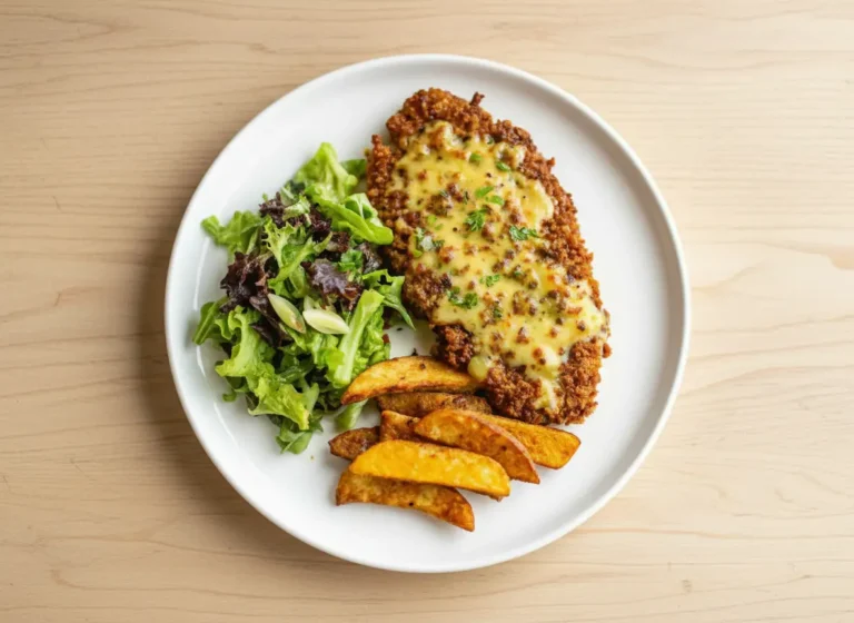 A 4:3 ratio, close-up, overhead shot of a crispy Pretzel Crusted Chicken cutlet, liberally coated in a melted, light yellow cheese sauce and garnished with finely chopped fresh green chives. The crust is a deep golden brown with visible pretzel bits. It is served on a minimalist white oval plate, accompanied by golden brown potato wedges and a small vibrant green side salad with fresh basil leaves. The scene is bathed in natural morning light from an east window, with soft shadows, warm tones, and a clean marble countertop background with subtle wood accents.