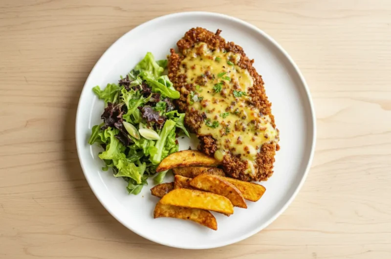A 4:3 ratio, close-up, overhead shot of a crispy Pretzel Crusted Chicken cutlet, liberally coated in a melted, light yellow cheese sauce and garnished with finely chopped fresh green chives. The crust is a deep golden brown with visible pretzel bits. It is served on a minimalist white oval plate, accompanied by golden brown potato wedges and a small vibrant green side salad with fresh basil leaves. The scene is bathed in natural morning light from an east window, with soft shadows, warm tones, and a clean marble countertop background with subtle wood accents.