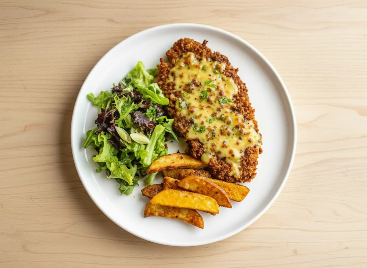 A 4:3 ratio, close-up, overhead shot of a crispy Pretzel Crusted Chicken cutlet, liberally coated in a melted, light yellow cheese sauce and garnished with finely chopped fresh green chives. The crust is a deep golden brown with visible pretzel bits. It is served on a minimalist white oval plate, accompanied by golden brown potato wedges and a small vibrant green side salad with fresh basil leaves. The scene is bathed in natural morning light from an east window, with soft shadows, warm tones, and a clean marble countertop background with subtle wood accents.