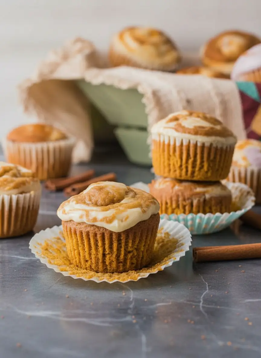 A process shot (3:4) showing pumpkin muffin batter being scooped into white paper liners in a muffin tin, with a separate bowl of cream cheese swirl mixture nearby on a white marble countertop, bathed in natural light and soft shadows, ready for the swirl.