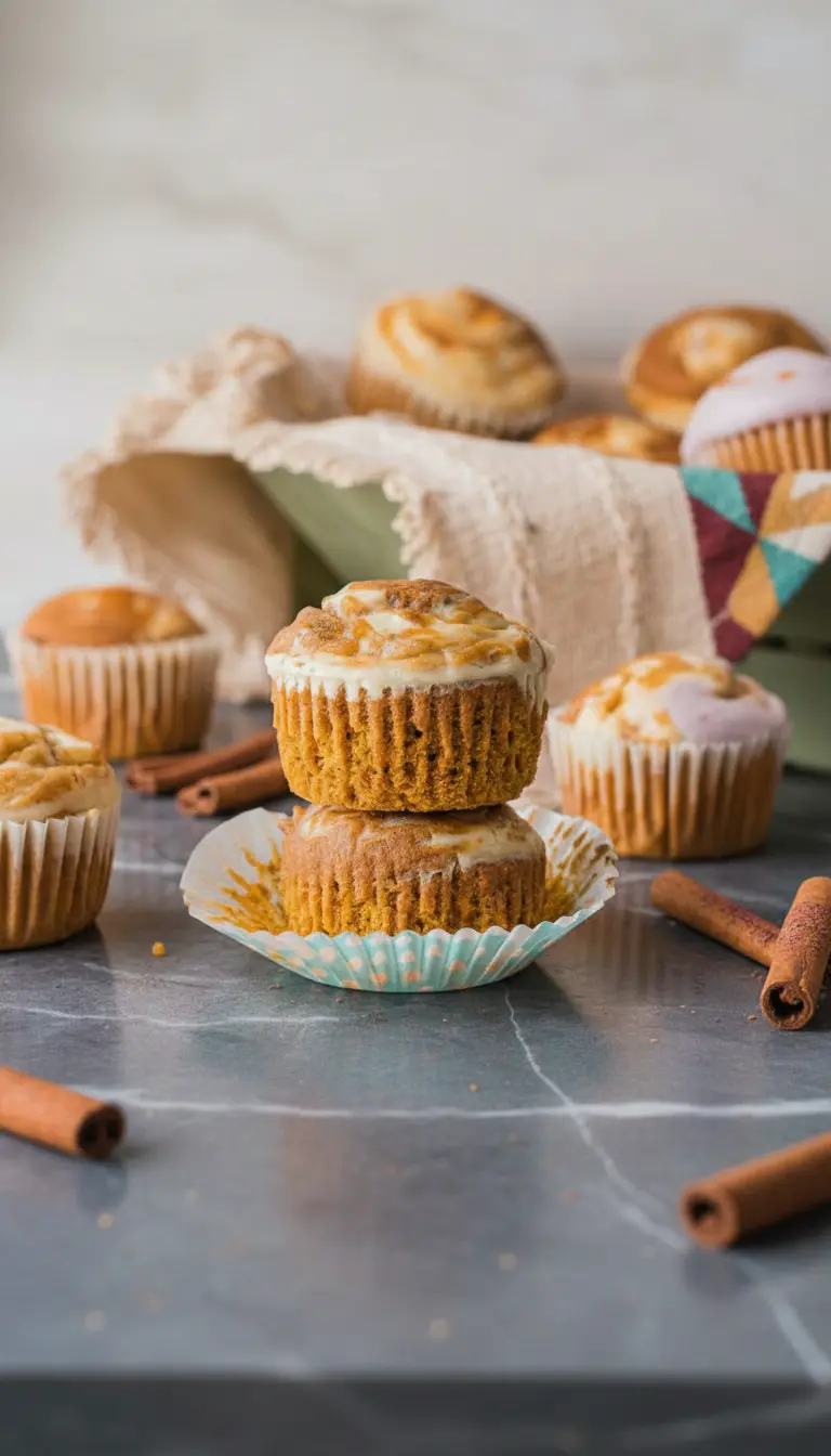 A serving shot (3:4) of a single Pumpkin Cream Cheese Muffin, removed from its liner, showcasing its moist, golden-orange interior and the distinctive cream cheese swirl on top, placed on a minimalist white plate on a wooden accent, with soft natural light enhancing the texture and fresh herbs subtly in the background.