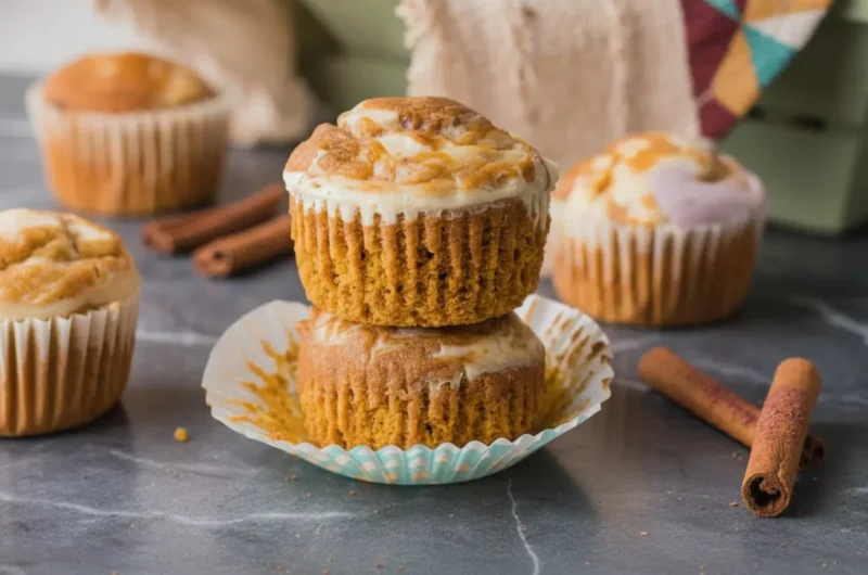 A hero shot (4:3) of beautifully baked Pumpkin Cream Cheese Muffins, stacked two high, with visible cream cheese swirl and moist texture, surrounded by other muffins and cinnamon sticks in a rustic wooden basket with a linen cloth, all on a clean white marble countertop with natural morning light and warm tones.