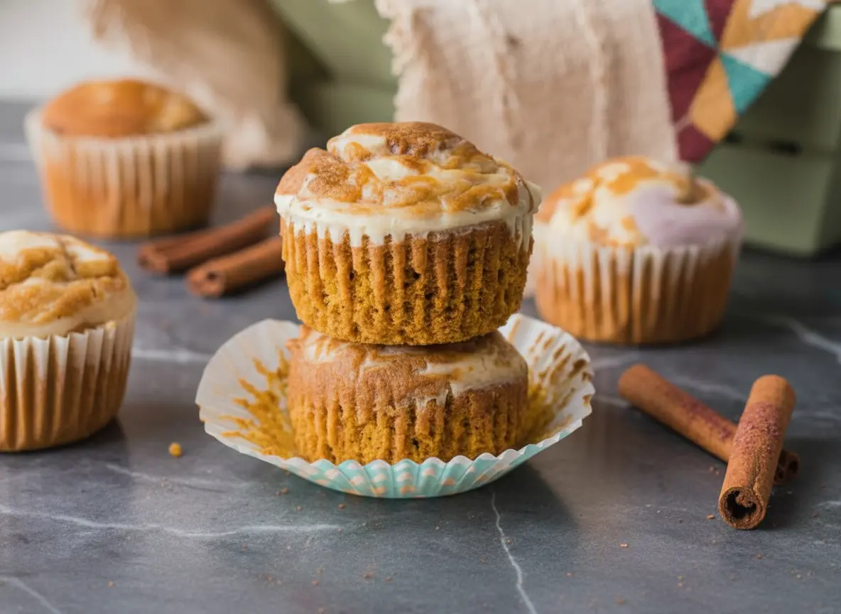 A hero shot (4:3) of beautifully baked Pumpkin Cream Cheese Muffins, stacked two high, with visible cream cheese swirl and moist texture, surrounded by other muffins and cinnamon sticks in a rustic wooden basket with a linen cloth, all on a clean white marble countertop with natural morning light and warm tones.