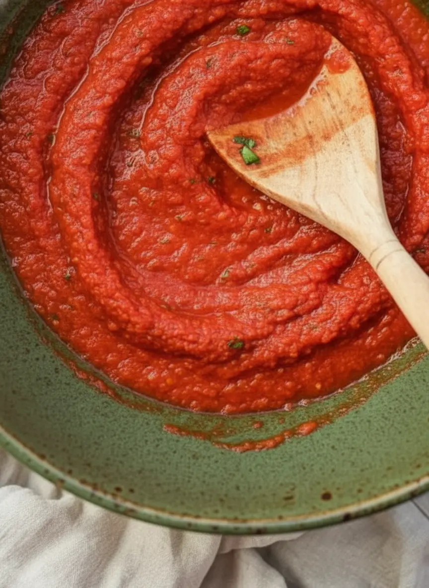 A close-up (3:4) of the ingredients for Quick Marinara Sauce neatly arranged on a wooden cutting board on a marble countertop: whole San Marzano tomatoes, fresh garlic cloves, a red onion, a bunch of vibrant green basil, and a bottle of olive oil. Natural morning light, soft shadows, warm tones, clean and tidy presentation. No hands or people.