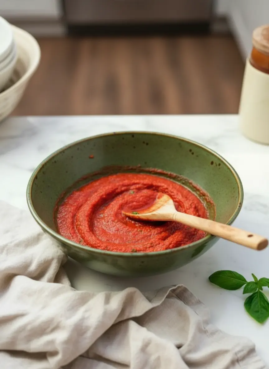 A process shot (3:4) of minced garlic and diced onions gently sautéing in olive oil in the same white enameled cast iron Dutch oven on a stovetop, capturing the aromatic beginning of the Quick Marinara Sauce. Steam subtly rising. Natural morning light, soft shadows, warm tones, clean and tidy presentation. No hands or people.