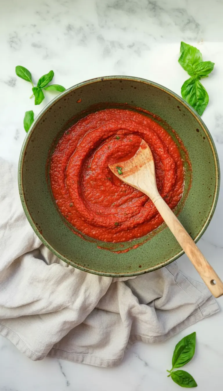 A serving shot (3:4) of the vibrant red Quick Marinara Sauce spooned generously over a perfectly cooked bowl of spaghetti in a minimalist white ceramic bowl, garnished with fresh basil leaves. The bowl sits on a marble countertop, reflecting natural morning light, with warm tones and soft shadows. No hands or people.