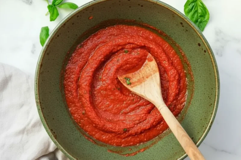 A visually stunning overhead shot (4:3) of a rich, vibrant red Quick Marinara Sauce simmering in a white enameled cast iron Dutch oven, a wooden spoon resting gently in the sauce. Fresh basil leaves are scattered around the pot on a bright, clean marble countertop. The scene is bathed in natural morning light from an east window, casting soft shadows, with warm tones and a tidy presentation. No hands or people.