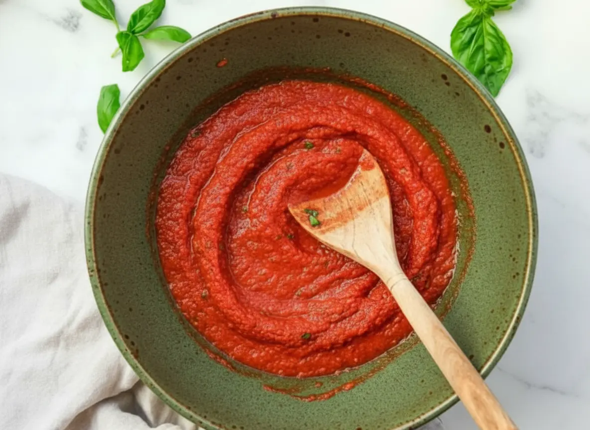A visually stunning overhead shot (4:3) of a rich, vibrant red Quick Marinara Sauce simmering in a white enameled cast iron Dutch oven, a wooden spoon resting gently in the sauce. Fresh basil leaves are scattered around the pot on a bright, clean marble countertop. The scene is bathed in natural morning light from an east window, casting soft shadows, with warm tones and a tidy presentation. No hands or people.