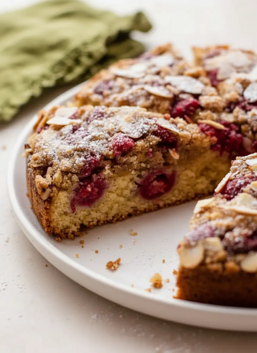 A rustic wooden cutting board on a clean marble countertop, holding a bowl of fresh, vibrant red raspberries, a small bowl of almond slivers, and a mixing bowl with dry ingredients (flour, sugar) ready for the Raspberry Almond Crumb Cake. Soft natural morning light creates gentle shadows. (3:4 ratio)