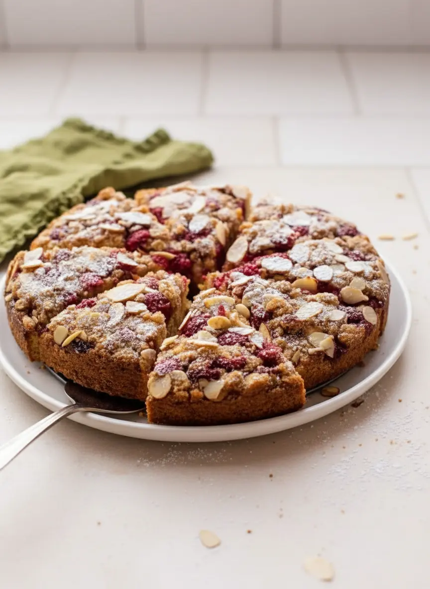 A close-up of a glass baking dish, showing a golden Raspberry Almond Crumb Cake just before baking, with the rich, crumbly streusel topping generously covering the visible pinkish batter studded with red raspberries. A wooden spoon rests nearby. Soft natural morning light, marble countertop, wood accents in the background. (3:4 ratio)