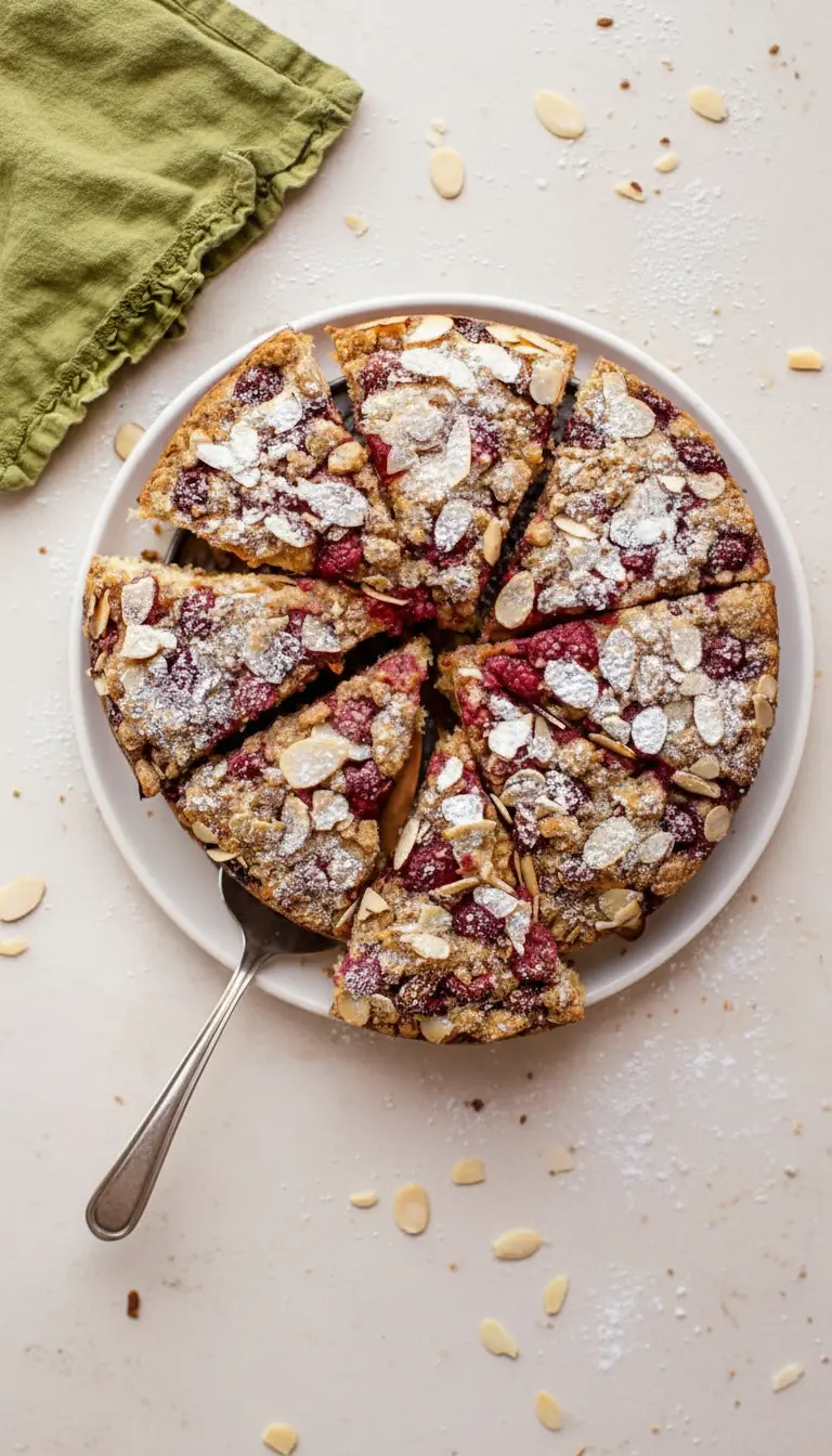 A close-up, slightly angled shot of a single slice of Raspberry Almond Crumb Cake on a minimalist white ceramic plate. The slice clearly reveals the moist, tender cake texture, vibrant red baked raspberries, golden crumb topping, and generous powdered sugar dusting with almond slivers. Soft shadows, warm tones, and clean presentation on a marble countertop. (3:4 ratio)