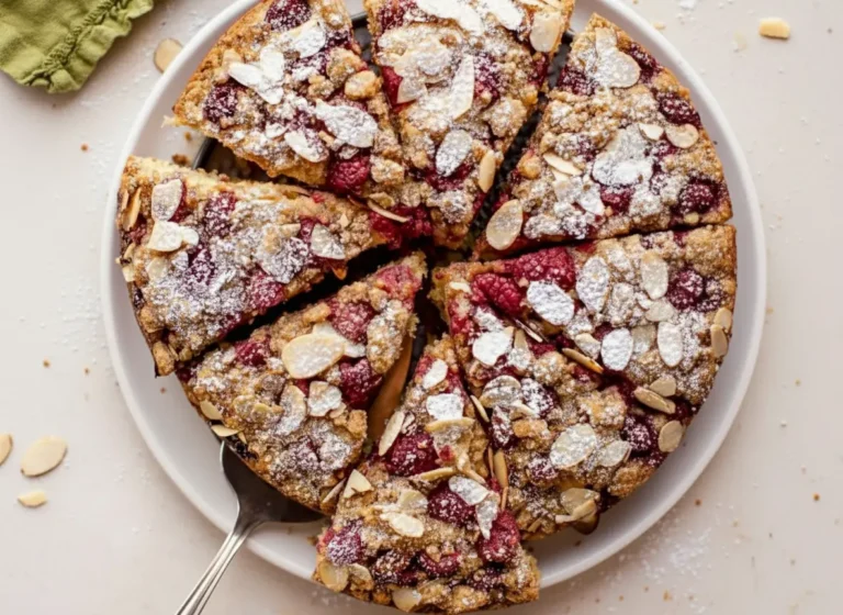 Overhead shot of a round Raspberry Almond Crumb Cake, sliced into eight pieces, on a minimalist white ceramic plate. The cake is liberally dusted with powdered sugar and topped with toasted almond slivers and bright red baked raspberries. It features a golden-brown, textured streusel topping. Soft natural morning light from an east window illuminates the scene on a marble countertop with a subtle wood accent and a fresh green herb sprig visible in the background. The presentation is clean and tidy with warm tones. (4:3 ratio)