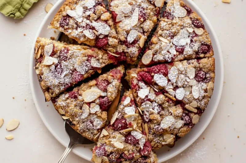 Overhead shot of a round Raspberry Almond Crumb Cake, sliced into eight pieces, on a minimalist white ceramic plate. The cake is liberally dusted with powdered sugar and topped with toasted almond slivers and bright red baked raspberries. It features a golden-brown, textured streusel topping. Soft natural morning light from an east window illuminates the scene on a marble countertop with a subtle wood accent and a fresh green herb sprig visible in the background. The presentation is clean and tidy with warm tones. (4:3 ratio)