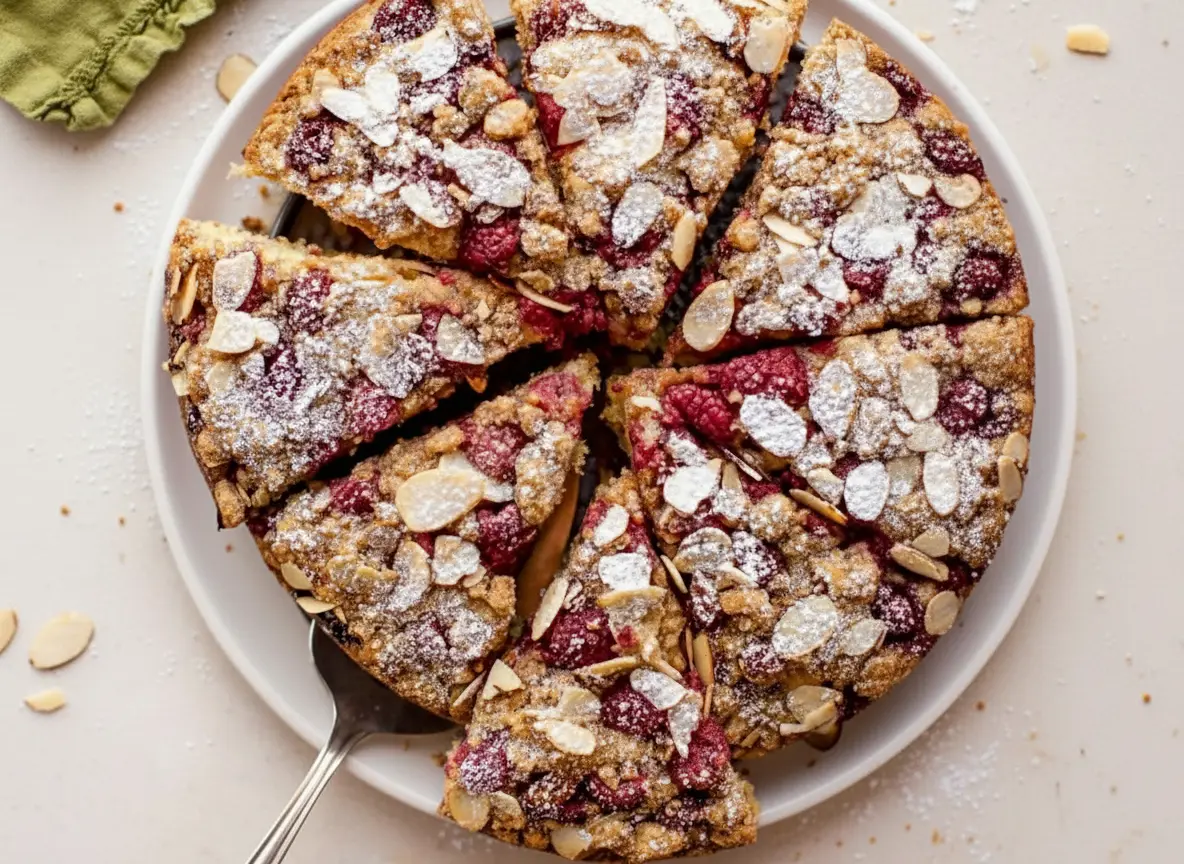Overhead shot of a round Raspberry Almond Crumb Cake, sliced into eight pieces, on a minimalist white ceramic plate. The cake is liberally dusted with powdered sugar and topped with toasted almond slivers and bright red baked raspberries. It features a golden-brown, textured streusel topping. Soft natural morning light from an east window illuminates the scene on a marble countertop with a subtle wood accent and a fresh green herb sprig visible in the background. The presentation is clean and tidy with warm tones. (4:3 ratio)