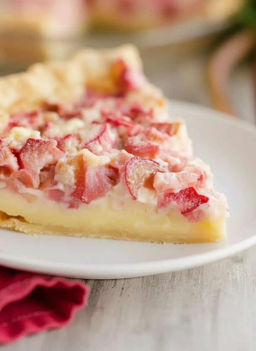 Fresh, vibrant rhubarb stalks and cubed cold butter on the same wooden cutting board, with flour and sugar in minimalist white ceramic bowls, bathed in natural morning light from an east window on a marble countertop. Fresh herbs in the blurred background. Clean and tidy presentation. No hands or people. (3:4 ratio)