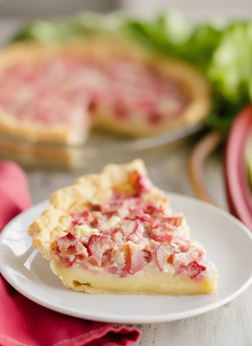 A close-up of the rhubarb custard pie filling being gently poured into a golden, blind-baked pie crust in a clear glass pie plate, on a marble countertop under natural morning light. The creamy yellow custard is visible with small red rhubarb pieces within. The same wooden cutting board is subtly in the background. No hands or people. (3:4 ratio)