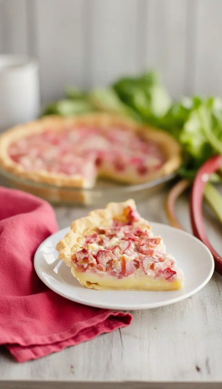 A close-up overhead shot of a single slice of Rhubarb Custard Pie on a minimalist white plate, showing the flaky golden crust, creamy custard layer, and the distinct reddish-pink rhubarb pieces on the surface, emphasizing its texture. Natural morning light creates soft shadows. The full pie is subtly blurred in the background. No hands or people. (3:4 ratio)