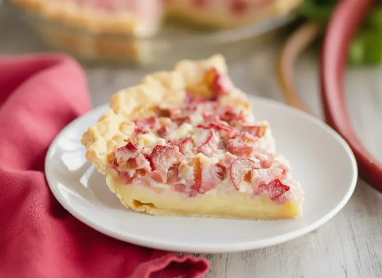 A beautiful slice of Rhubarb Custard Pie on a minimalist white plate, showcasing the golden, crimped crust, creamy yellow custard, and reddish-pink rhubarb pieces on top. The full pie is slightly blurred in the background on a marble countertop with natural morning light from an east window, soft shadows, and warm tones. A small amount of fresh rhubarb stalks and green leaves are visible in the background for context. No hands or people. (4:3 ratio)
