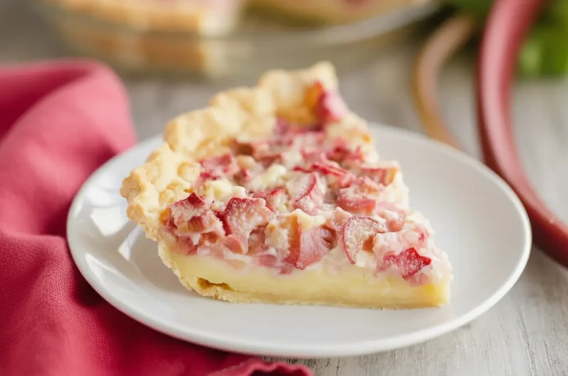 A beautiful slice of Rhubarb Custard Pie on a minimalist white plate, showcasing the golden, crimped crust, creamy yellow custard, and reddish-pink rhubarb pieces on top. The full pie is slightly blurred in the background on a marble countertop with natural morning light from an east window, soft shadows, and warm tones. A small amount of fresh rhubarb stalks and green leaves are visible in the background for context. No hands or people. (4:3 ratio)