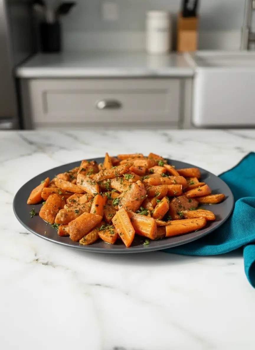 A close-up shot of the diagonal carrot chunks spread evenly in a single layer on a parchment-lined baking sheet, showing some early caramelization around the edges. The carrots are glistening with olive oil and seasoning, ready for or fresh out of the oven. A subtle wood accent and soft shadows from natural light enhance the warm tones on a marble countertop. No hands or people. (3:4 ratio)