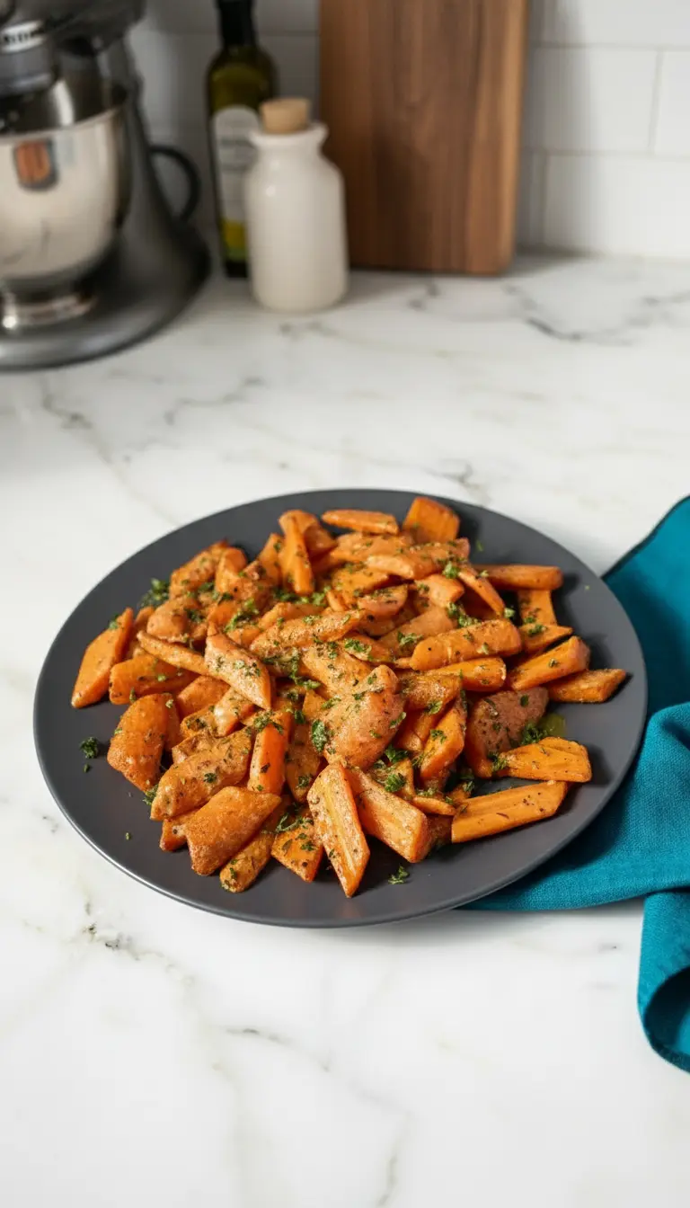 A detailed close-up of the finished roasted carrots on a minimalist white plate, showcasing their tender-crisp texture, the glossy coating of the mustard vinaigrette, and the vibrant green flecks of fresh parsley and dill. The warm tones and soft shadows are prominent, with a clean marble countertop and a hint of fresh herbs in the background under natural morning light. No hands or people. (3:4 ratio)
