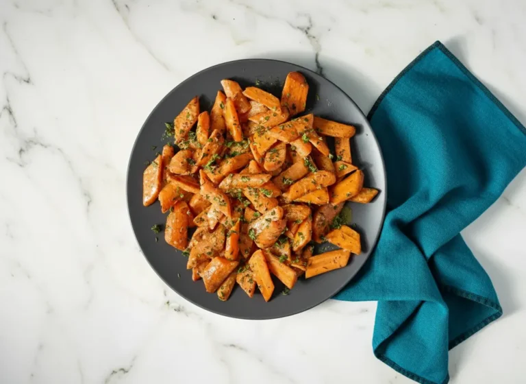A generous serving of perfectly roasted carrots, cut into diagonal chunks, coated in a glistening, slightly thick mustard vinaigrette and generously sprinkled with finely chopped fresh green herbs (parsley and dill), arranged beautifully on a minimalist white ceramic plate. The plate sits on a pristine marble countertop, bathed in natural morning light from an east window, casting soft shadows. A wooden accent is subtly visible in the background, along with fresh herbs, with warm tones and a clean, tidy presentation. No hands or people. (4:3 ratio)