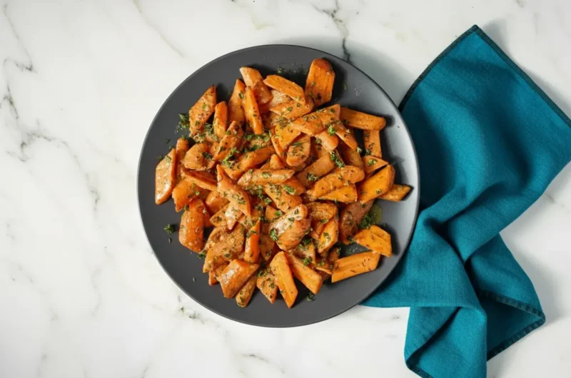 A generous serving of perfectly roasted carrots, cut into diagonal chunks, coated in a glistening, slightly thick mustard vinaigrette and generously sprinkled with finely chopped fresh green herbs (parsley and dill), arranged beautifully on a minimalist white ceramic plate. The plate sits on a pristine marble countertop, bathed in natural morning light from an east window, casting soft shadows. A wooden accent is subtly visible in the background, along with fresh herbs, with warm tones and a clean, tidy presentation. No hands or people. (4:3 ratio)