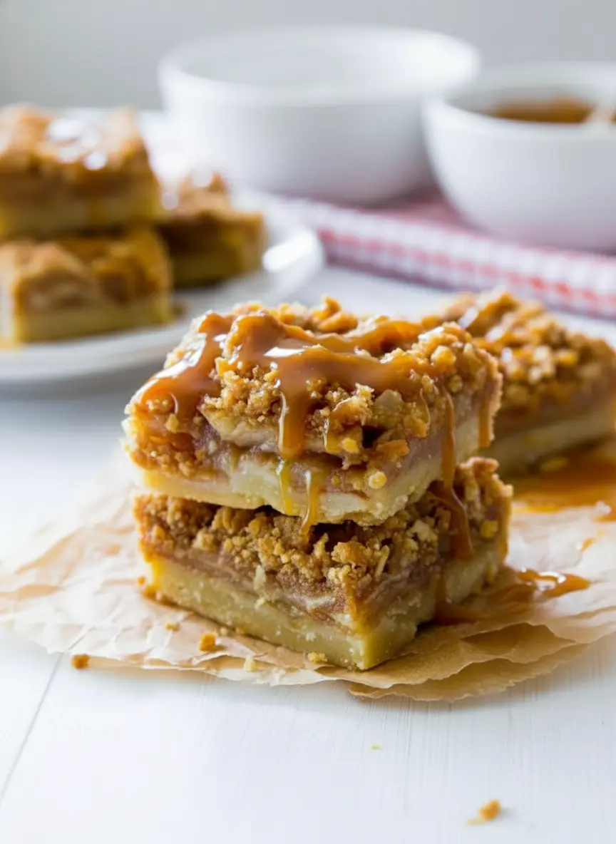 A 9x13 inch baking pan with the pre-baked shortbread crust, golden and slightly cooled. A small bowl of spiced apple filling is being prepared to be spread over the crust. A separate bowl of streusel topping with distinct crumbles is ready on the side. The scene is on a marble countertop with natural morning light, clean and tidy, with a subtle wood accent in the background. No hands or people. (3:4 ratio)