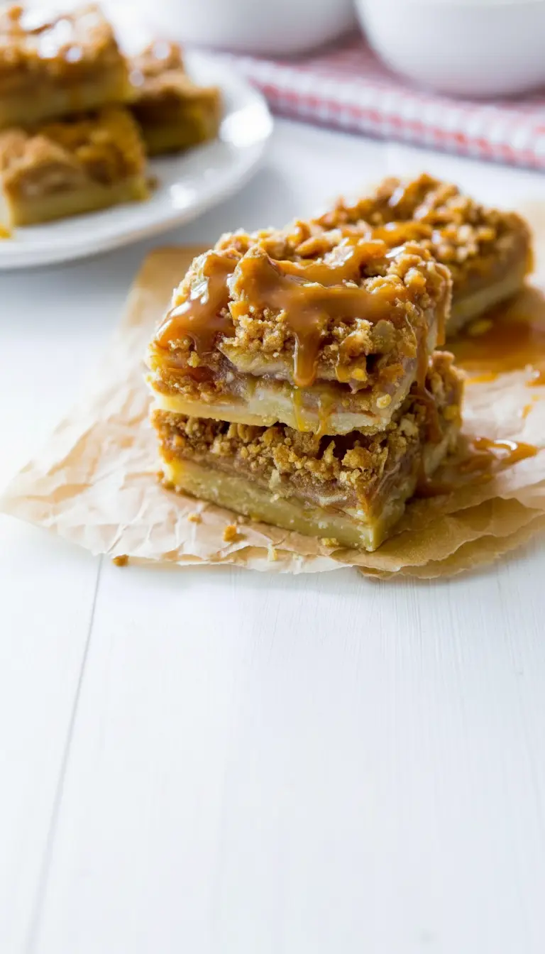 A single Salted Caramel Apple Pie Bar, freshly cut, standing on a minimalist white ceramic plate. The side view clearly shows the distinct layers: buttery shortbread crust, soft apple filling, and crumbly streusel topping, with a beautiful homemade salted caramel drizzle running over the top and pooling slightly at the base. A few fresh herb sprigs (like thyme) are artfully placed in the soft-focus background, adding a touch of green. Natural morning light, warm tones, marble counter. No hands or people. (3:4 ratio)