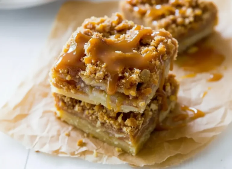 A stack of two perfectly cut Salted Caramel Apple Pie Bars, rich caramel sauce heavily drizzling over the top and down the sides, revealing layers of golden shortbread crust, tender spiced apple filling, and a textured streusel topping, all resting on crinkled brown parchment paper on a light marble countertop. Natural morning light from an east window casts soft shadows. The overall image has warm tones, a clean and tidy presentation. No hands or people. (4:3 ratio)