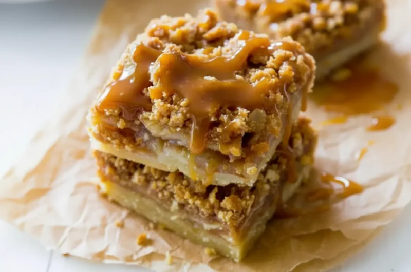 A stack of two perfectly cut Salted Caramel Apple Pie Bars, rich caramel sauce heavily drizzling over the top and down the sides, revealing layers of golden shortbread crust, tender spiced apple filling, and a textured streusel topping, all resting on crinkled brown parchment paper on a light marble countertop. Natural morning light from an east window casts soft shadows. The overall image has warm tones, a clean and tidy presentation. No hands or people. (4:3 ratio)