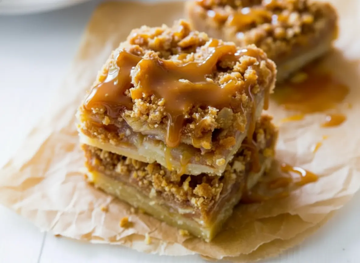 A stack of two perfectly cut Salted Caramel Apple Pie Bars, rich caramel sauce heavily drizzling over the top and down the sides, revealing layers of golden shortbread crust, tender spiced apple filling, and a textured streusel topping, all resting on crinkled brown parchment paper on a light marble countertop. Natural morning light from an east window casts soft shadows. The overall image has warm tones, a clean and tidy presentation. No hands or people. (4:3 ratio)