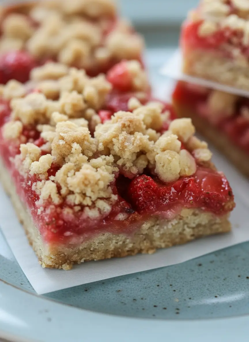 Close-up of fresh, vibrant red strawberries and bright pink rhubarb stalks, diced and ready for mixing, on the same wooden cutting board, positioned on a marble countertop. A minimalist white ceramic bowl holds some granulated sugar. Natural morning light from an east window casts soft shadows. No hands, clean and tidy.