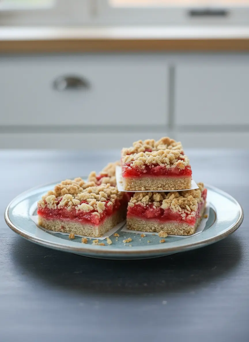 A baking pan lined with parchment paper, showcasing the golden-brown shortbread crust pressed evenly into the bottom. Beside it, a mixing bowl holds the diced strawberry and rhubarb filling, coated in sugar and cornstarch. A separate small bowl contains the prepared oat streusel topping. Scene is on a marble countertop with soft natural morning light and subtle wood accents in the background. No hands.