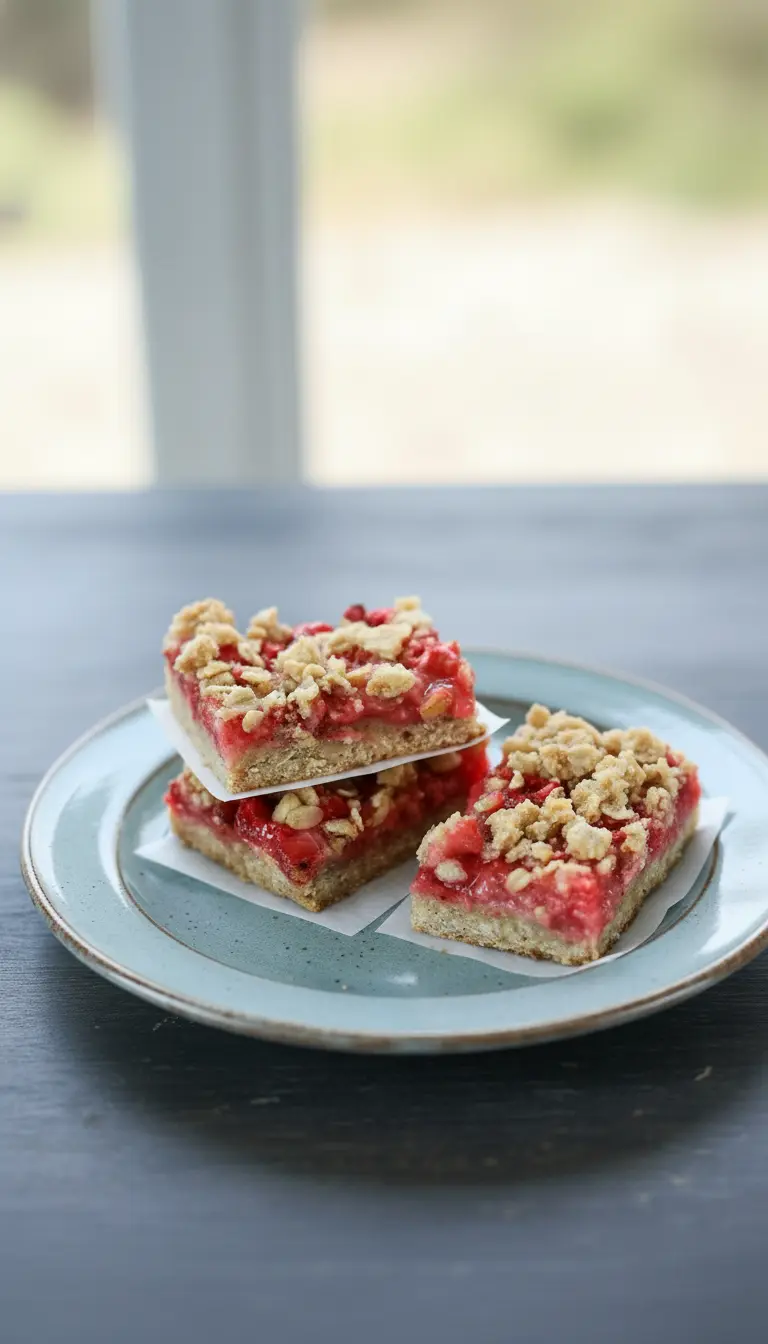 A single Strawberry Rhubarb Bar, cut clean, lying on its side on a light blue ceramic plate, clearly displaying the distinct layers: the buttery shortbread crust, the vibrant pink strawberry rhubarb filling, and the textured oat streusel topping. The texture of the crumble is clearly visible. The plate is on a dark wooden surface, with soft natural morning light from an east window. In the very soft-focus background, a small ceramic bowl is visible. No hands.