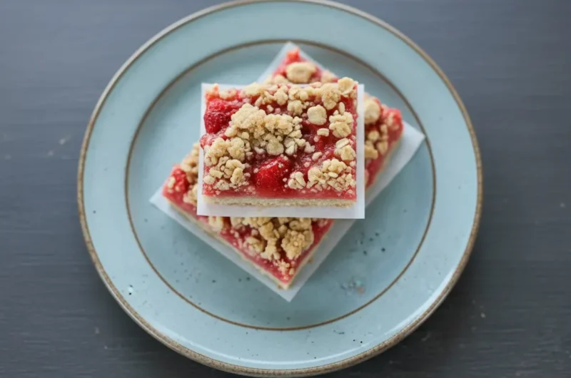 A stack of three golden-brown Strawberry Rhubarb Bars with a visible pinkish-red fruit filling and a crunchy oat streusel topping, sitting on a round, light blue ceramic plate. One bar is slightly stacked on another, with small pieces of white parchment paper underneath. The plate is on a dark, textured wooden surface. Natural morning light streams from an east window, casting soft, warm shadows. In the soft-focus background, a subtle wooden cutting board and a small sprig of fresh mint are visible. Clean and tidy presentation, no hands.