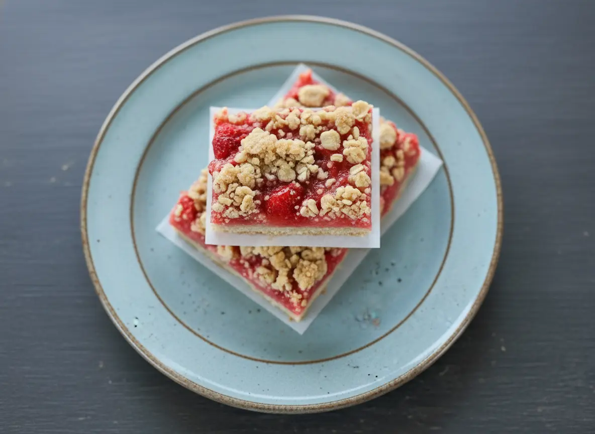 A stack of three golden-brown Strawberry Rhubarb Bars with a visible pinkish-red fruit filling and a crunchy oat streusel topping, sitting on a round, light blue ceramic plate. One bar is slightly stacked on another, with small pieces of white parchment paper underneath. The plate is on a dark, textured wooden surface. Natural morning light streams from an east window, casting soft, warm shadows. In the soft-focus background, a subtle wooden cutting board and a small sprig of fresh mint are visible. Clean and tidy presentation, no hands.