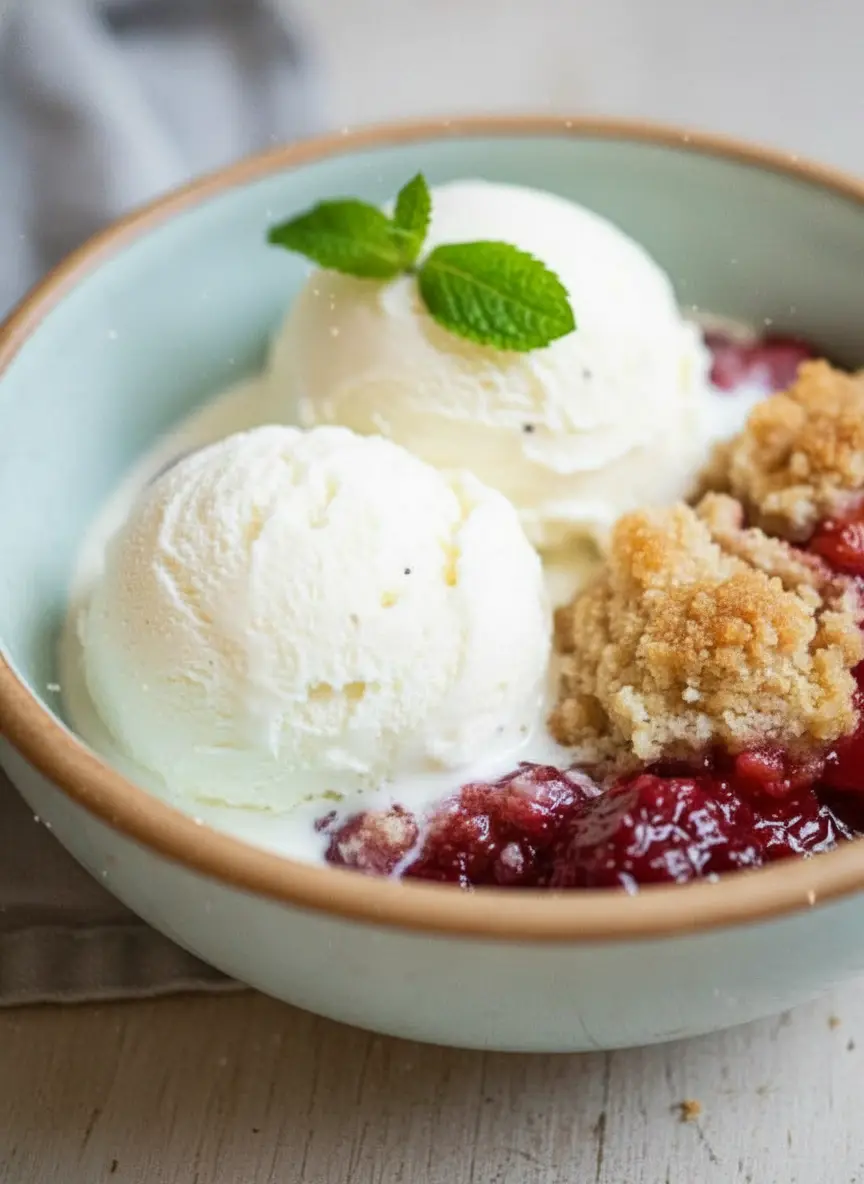 A flat lay of fresh ingredients for Strawberry Rhubarb Cobbler on a wooden cutting board set on marble countertops, including whole rhubarb stalks, vibrant red strawberries, a bowl of granulated sugar, a block of butter, and a scattering of flour and oats. Natural morning light creates soft shadows. Fresh herbs are visible in the background, showcasing a clean and tidy presentation.