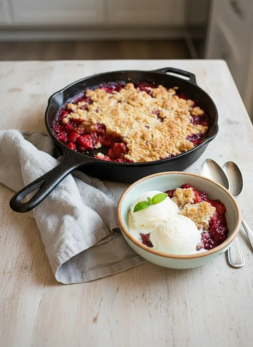 A close-up shot of cold, cubed butter being cut into a bowl of dry crumble topping ingredients (flour, sugar, oats) using a pastry blender, on a marble countertop next to a wooden cutting board. The focus is on the textured crumble, with soft morning light and warm tones. Fresh herbs are subtly in the background, maintaining a clean aesthetic.