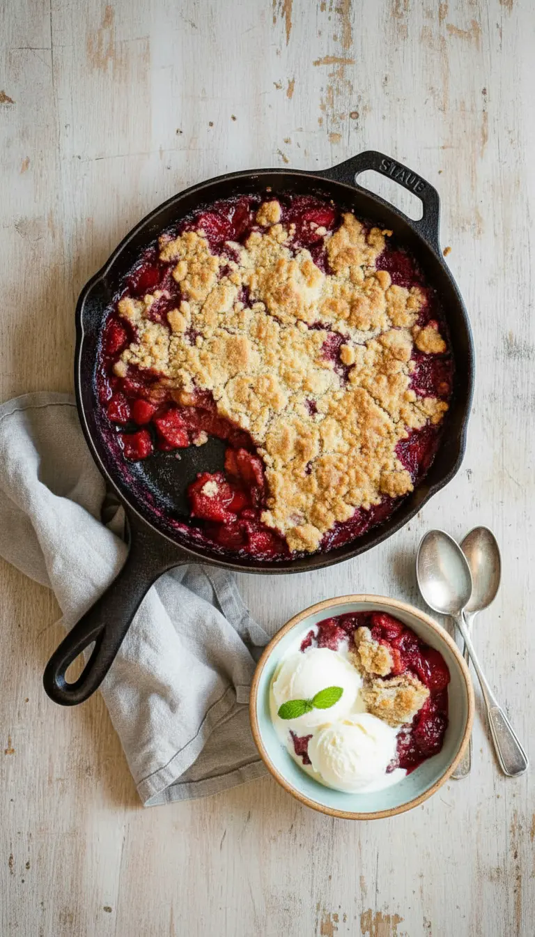 A three-quarter angle shot of a single serving of warm Strawberry Rhubarb Cobbler in a minimalist white fluted ceramic bowl, generously topped with a scoop of melting vanilla bean ice cream and a sprig of fresh mint. The golden, crisp topping and bubbling red fruit filling are clearly visible. The bowl sits on a rustic wooden surface with soft morning light, creating warm tones and soft shadows, with fresh herbs in the background.