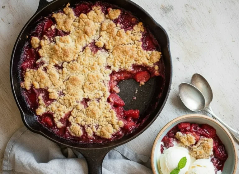 An overhead shot of a warm Strawberry Rhubarb Cobbler in a white ceramic rectangular Staub baking dish, with a large serving spoon scooping out a portion to reveal the bubbling red fruit filling. Beside it, a small white fluted ceramic bowl holds a serving of cobbler topped with a scoop of melting vanilla ice cream and a sprig of fresh mint. The scene is set on a rustic wooden surface under natural morning light from an east window, with soft shadows and warm tones. Whole fresh strawberries and a rhubarb stalk are visible in the background, along with fresh herbs, and the overall presentation is clean and tidy.