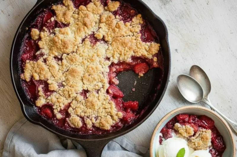 An overhead shot of a warm Strawberry Rhubarb Cobbler in a white ceramic rectangular Staub baking dish, with a large serving spoon scooping out a portion to reveal the bubbling red fruit filling. Beside it, a small white fluted ceramic bowl holds a serving of cobbler topped with a scoop of melting vanilla ice cream and a sprig of fresh mint. The scene is set on a rustic wooden surface under natural morning light from an east window, with soft shadows and warm tones. Whole fresh strawberries and a rhubarb stalk are visible in the background, along with fresh herbs, and the overall presentation is clean and tidy.