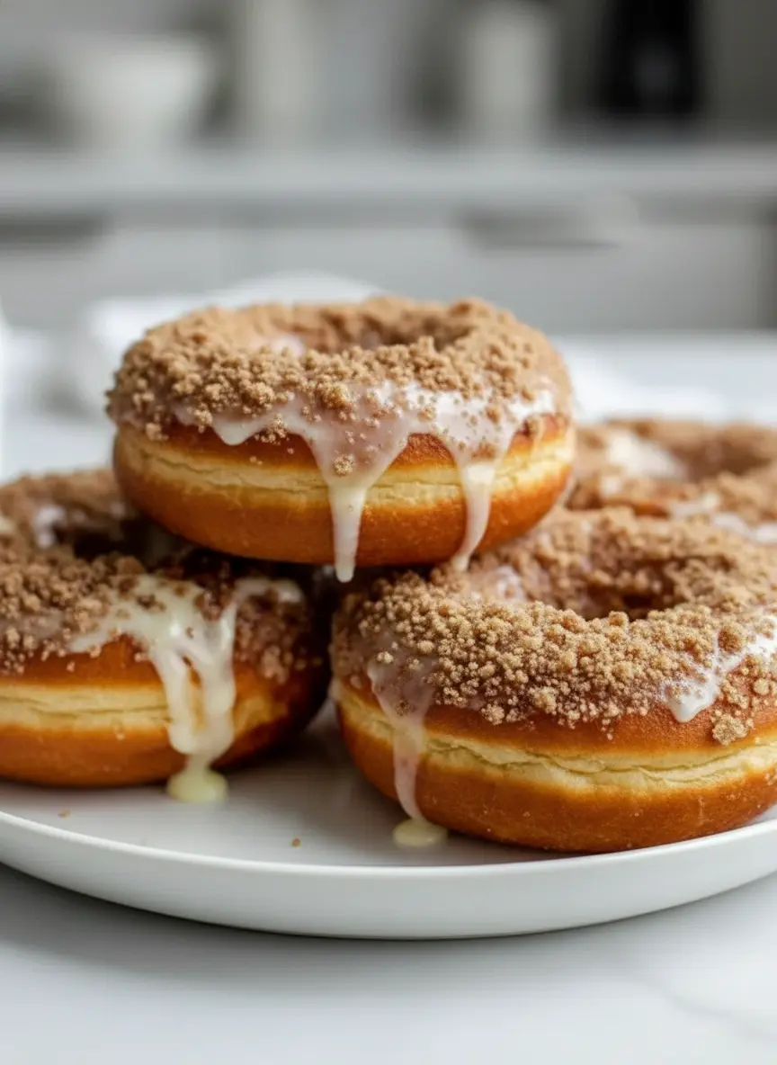 A close-up (3:4) of donut batter being piped into a non-stick donut pan, sitting on a wooden cutting board on a marble countertop. A small bowl of streusel topping is visible next to the pan. The scene is illuminated by natural morning light, with soft shadows and warm tones. No hands or people.