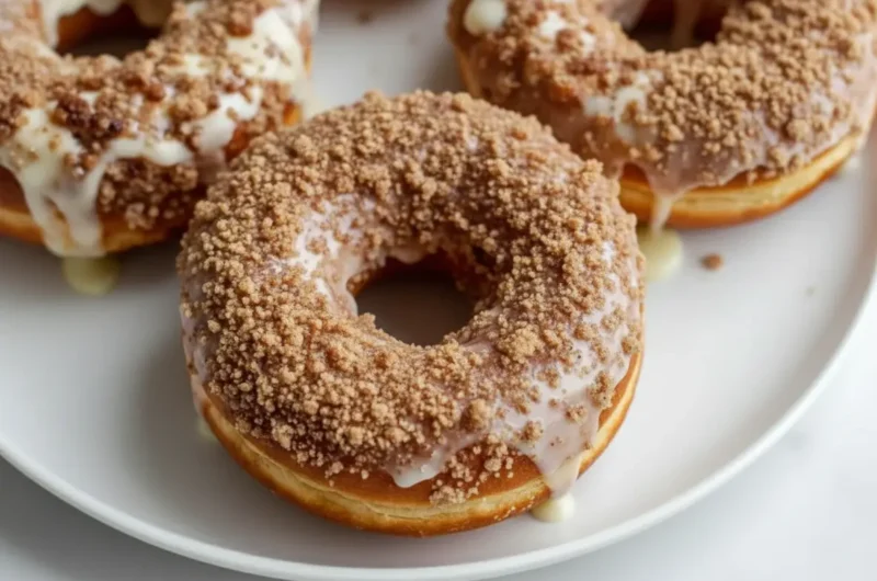 A hero shot (4:3) of several golden-brown baked coffee cake donuts with a thick, white vanilla glaze dripping down the sides and a generous streusel crumb topping. They are arranged on a minimalist white plate on a marble countertop, bathed in natural morning light from an east window. Soft shadows, warm tones, clean and tidy presentation. No hands or people.