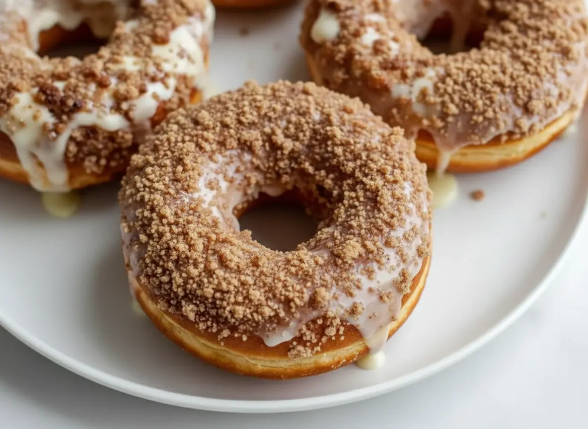 A hero shot (4:3) of several golden-brown baked coffee cake donuts with a thick, white vanilla glaze dripping down the sides and a generous streusel crumb topping. They are arranged on a minimalist white plate on a marble countertop, bathed in natural morning light from an east window. Soft shadows, warm tones, clean and tidy presentation. No hands or people.