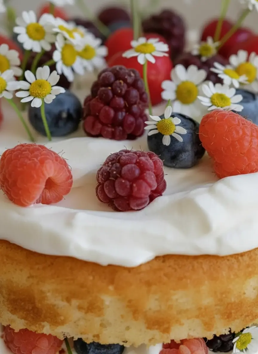 A close-up of fresh mixed berries (raspberries, blueberries, blackberries, cherries) in a minimalist white ceramic bowl, next to a wooden cutting board with a vanilla pod and a whisk, all on a marble countertop under natural morning light. Soft shadows, warm tones, clean and tidy presentation, 3:4 ratio, no hands or people.