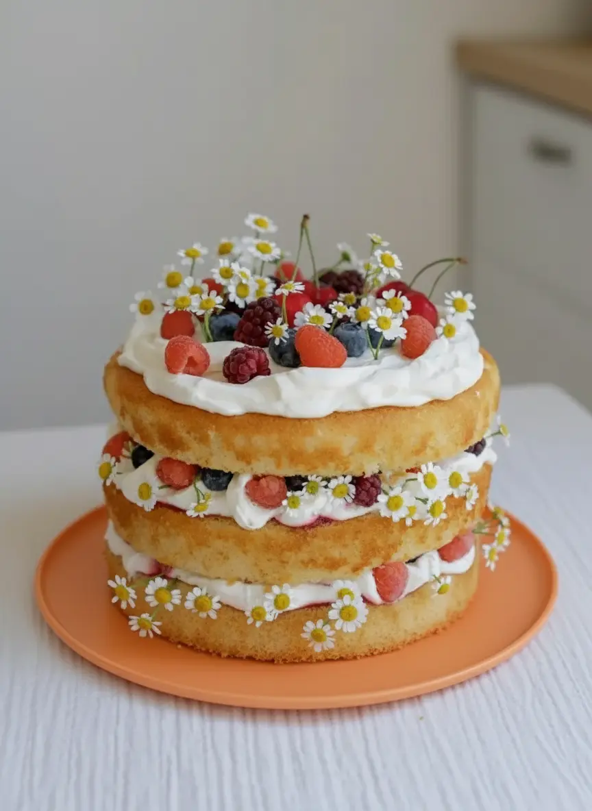 A three-layer naked cake being assembled, with a layer of whipped cream freshly spread on a golden sponge cake layer, and mixed berries (raspberries, blueberries, blackberries) being artfully placed. A small white daisy is tucked into the side. The cake is on a blue plate, on a marble countertop, bathed in natural light, with soft shadows. 3:4 ratio, no hands or people.