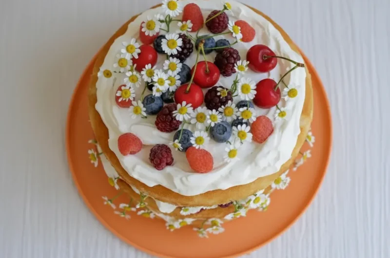 A three-layer naked Berries and Cream Cake on a bright blue round plate, adorned with fresh whipped cream, vibrant mixed berries including red raspberries, dark blackberries, blueberries, and red cherries, and delicate white daisies. The cake sits on a marble countertop with soft natural morning light from an east window, casting gentle shadows. The background is simple and clean, with wood accents subtly visible. Shot at eye level, 4:3 ratio, no hands or people.